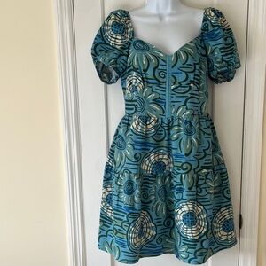 House of Harlow Linen Blend Dress Short Lined Women’s Medium Blue Print Flirty